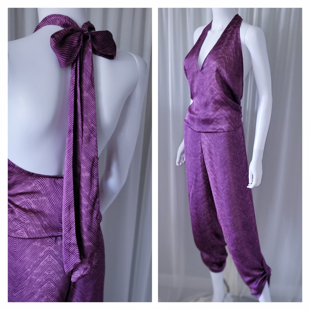 Alexis Jumpsuit • Halter Blouse Pant Romper • Purple Bow Neck • S-M - Picture 1 of 6